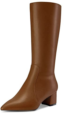 Castamere Donna Chunky Blocco Medio Tacco Heel a Punta Metà polpaccio Cerniera Stivali da Matrimonio Cute 5 CM Heels Marrone 42 EU