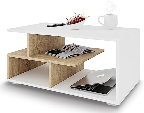 Meble Pitus Couchtisch Weiß/Sonoma Eiche – Moderner Wohnzimmertisch 90x50x49 cm mit Stauraum & Ablagefach – Stabiler Sofatisch, pflegeleicht & langlebig