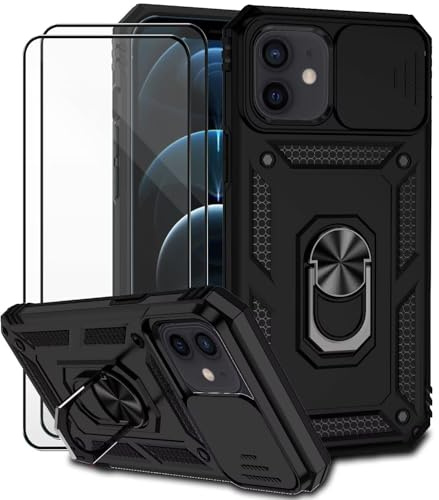 Dechyi für iPhone 12 mini Hülle mit Panzerglas Schutzfolie Schutzhülle mit Kameraschieber Case 360° Drehbarer Militä Ständer Stoßfest Cover-Schwarz