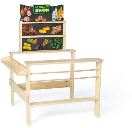 Erzi 10071 Negozio in Legno per Bambini – Banco Market con Scaffali e Banco Cassa, Gioco di Ruolo Educativo 3+, Struttura in Legno Naturale, 72x79x105 cm