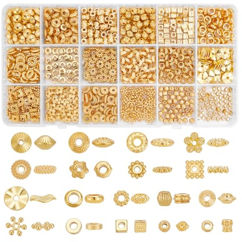 PH PandaHall 900 Stück Goldene Abstandsperlen 18 Stile Tibetische Blumen Rondelle Perlen Antike Doppelkegel Schneeflocken Abstandshalter Perlen Legierung Lose Perlen Für Die Herstellung von Armbändern