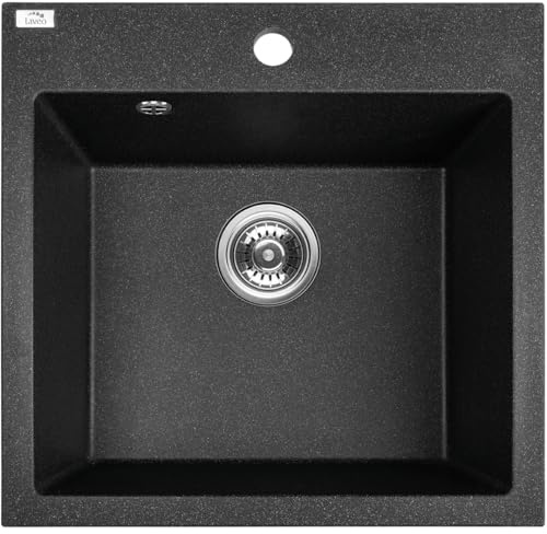 VBChome Spülbecken 49 x 49 cm Schwarz Spüle Einzelbecken Küche Einbauspüle Verbundspüle Küchenspüle Gesprenkelt Siphon Waschbecken
