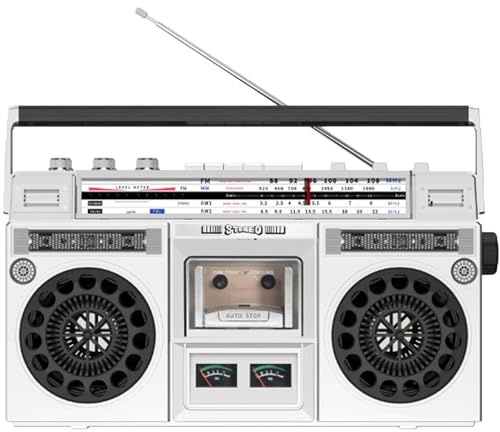 Spdazzleburst Lettore CD Boombox retrò, Lettore CD, con Radio AM/FM, Stile Classico Anni '80, Supporto Ingresso SD/USB - Registratore a Cassette per Viaggi di riunioni di Famiglia,Silver