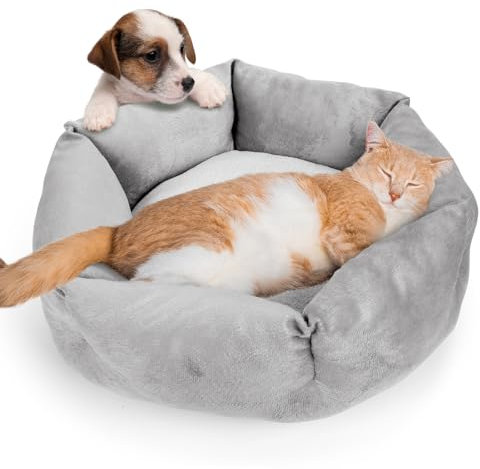 Zvonema Katzenbett, Hundebett kleine Hunde, Waschbares beruhigendes Katzenkorb, Anti-Rutsch weiche Haustierbett, Katzenkissen Rund, Warmes Haus Katzenbett flauschig, Katzenschlafplatz, Grau