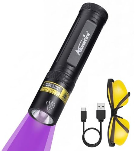Alonefire SV77 10W Torcia UV LED Professionale 395nm Ricaricabile USB Lampada Ultravioletti per Resina, Pesca, Fluorescina, Rilevatore di Urina, Minerali con Occhiali Protettivi UV, Batteria Integrata
