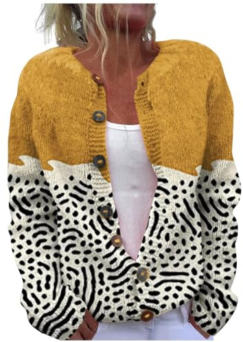 Cachemire - Cardigan en laine multicolore pour femme - Épais tricot d'hiver avec boutons - Haut court - Cardigan chaud - Imprimé, jaune, M