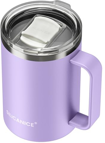 SILICANICE 14 / 24oz Insulated Coffee Mug With Handle, Break & Scratch Resistant lid With Detachable Slider, Stainless Steel Vacuum Insulation Tumbler, BPA Free - Thoughtful Gift - Lilac