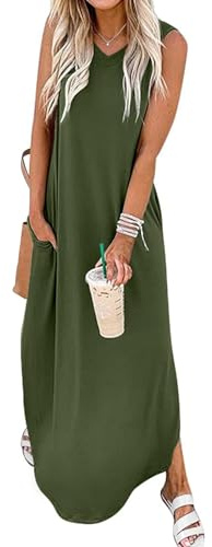 Chicrise Sommerkleid Damen elegant Ärmellos Strandkleid a Linien Tank Freizeitkleid mit Taschen Grün 3X Groß 56-60
