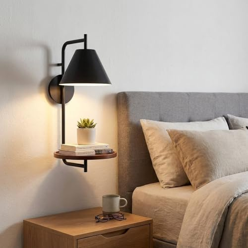 B·LED BARCELONA LED Bilon vägglampa med hylla – modern vägglampa E27 – matt svart aluminium och trähylla – modern vägglampa för sovrum, vardagsrum, hall eller hotell