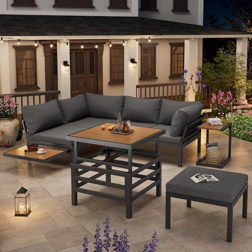 TIZZ Gartenmöbel-Set (2 Doppelsofas Plus 1 Fußhocker), 1 Kunststoff-Plattenhubtisch, Gestell aus verzinktem Eisen,kleine Tischplatte ausziehbar,Abnehmbarer und waschbarer Stoffbezug