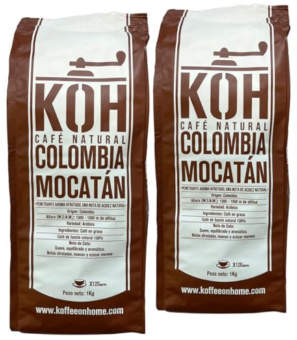KoffeeONHOME Café en Grano 100% Arábica, Colombia Mocatán, Tueste Natural, 2 Paquetes de 1 kg - 2 kg