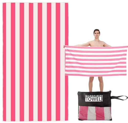 Large Quick Dry Microfibre Beach Towel 160x90cm, Double Sided Pink & White Striped Lightweight Travel Towel with Carry Bag, Compact Fast Drying Gym Yoga Sports Swimming Towel for Adults, Women & Men