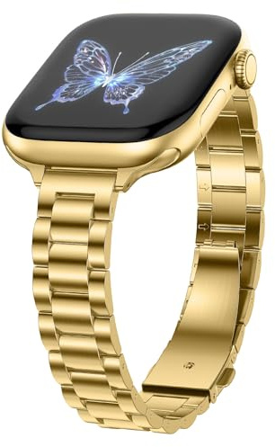 Dolstrap Band Mince Métal Compatible avec Bracelet Apple Watch 42(Série 10)/41/40/38mm, Femmes Bracelets en Acier Inoxydable Compatible pour iWatch Série 10 9 8 7 SE 6 5 4 3 2 1, Or
