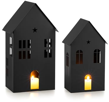 Romadedi Windlicht Haus Metall Schwarz: 2er Set 20/25cm Höhe Deko Häuser Weihnachten Groß - Kerzenhalter Laterne für Wohnzimmer Tischdeko Fensterbank Winter Weihnachtsdeko Innen Geschenk