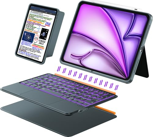 Funda con teclado para iPad Air 13 Pulgadas (M4/M3/M2, 2026/2025/2024), Teclado Inalámbrico para iPad Pro 12,9 6ª/5ª/4ª/3ª, Desmontable Magnéticamente, Trackpad, Retroiluminación en 7 Colores (Gris)