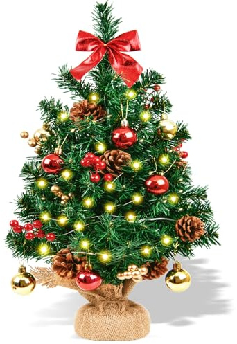 Kleiner Künstlicher Weihnachtsbaum mit LED-Beleuchtung 60 cm Weihnachtsbaum Künstlich mit Kiefernzapfen Mini Tisch Weihnachtsbaum für Home Tisch Schreibtisch Büro Innen & Außen Xmas-Deko, Grün