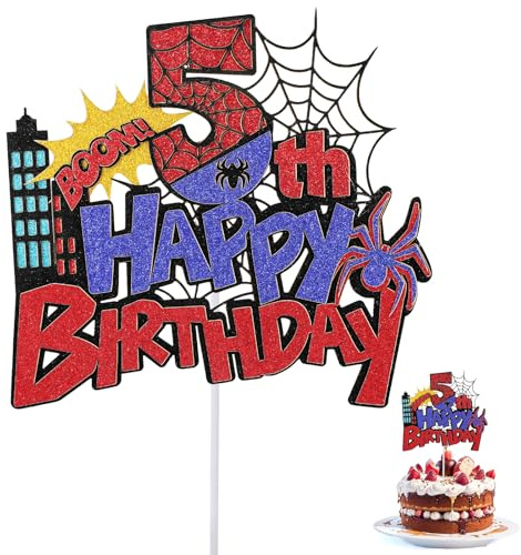 Spider Joyeux Anniversaire Tortenaufsatz, Paillettes Durables Fournitures Décoration Gâteau d'Anniversaire Sur Thème Dessin Animé d'Araignée Rouge et Bleue für Garçons Filles (Numéro 5)