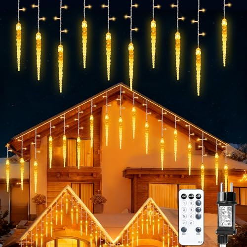 LED Eiszapfen Lichterkette Außen, 10M Eiszapfen Weihnachtsbeleuchtung, Zapfen Länge 16CM, Eiszapfen Lichterkette Weihnachten mit 8 Modi, Wasserdicht,Timer,Dimmbar, für Innen Außen Deko(Warmweiß)