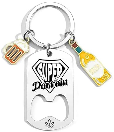 ZYMGUO Cadeau Parrain Baptême Annonce Porte-clés Super Papa Papy Tonton Parrain Frère Cousin Cadeaux Noel Noël Anniversaire Cadeau Fête des Pères Porte-clés ouvre-bouteille (Parrain) ﻿