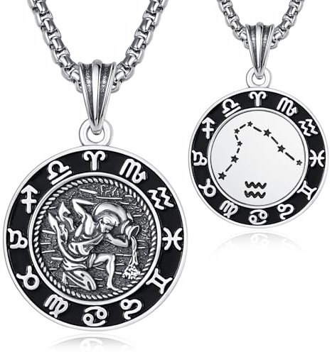 KINGWHYTE 12 Sternzeichen Anhänger Kette für Herren 925 Sterling Silber Konstellation Kette 22mm Astrologie Horoskop Anhänger Runde Tierkreiszeichen Halskette Sternbilder Schmuck Geschenke für Männer