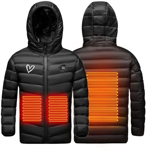 Manteau Chauffante Enfants Doudoune Chauffant USB avec 3 Zones de Chauffage Jacket Imprimé avec Capuche Zippée Blousons avec 3 Température Réglable Veste pour Camping Coupe-Vent Imperméable Ski