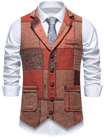 MakingDa Herren-Anzugweste, lässig, Vintage-Patchwork, schmale Passform, V-Ausschnitt, Weste mit Tasche, Orange, L