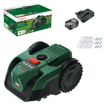 Robot cortacésped a batería VISIMOW18V-100 de Bosch (para Superficies de hasta 100 m², Anchura de Corte: 16 cm, Altura de Corte 20-60 mm, con Cuchillas de Repuesto, Incl. batería y Cargador)