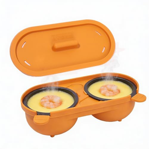 HeMaSe Microwave Egg Poacher, Poached Egg Cooker 2 Cavity Edible Silicone, Non-Stick Dishwasher Safe, Kitchen Cooking Gadget, Orange
