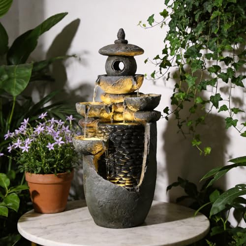 Bumilgar 62cm Zen Water Fountain, Stacked Pebble Texture, Indoor & Outdoor Floor-Standing Electric Water Feature with Lights, for Garden, Patio, Deck, Porch, Home Décor, Gray
