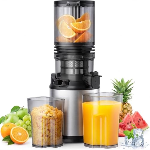 Entsafter Gemüse und Obst mit 130mm Breit Einfüllschacht für Ganze Früchte | Leicht zu Reinigen 3-in-1 Slow Juicer für Saft, Smoothie & Sorbet, 250W Kaltpress-Entsafter, Elektrische Saftpresse