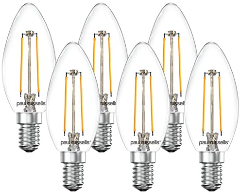 paul russells LED Candle Filament Light – 2.5W 25W Equivalent Replacement, 250LM Lumens, 2700K Warm White, SES E14 Small Edison Screw C35 Bulbs – Bright Energy Saving Non-Dimmable Lamps - 6 Pack