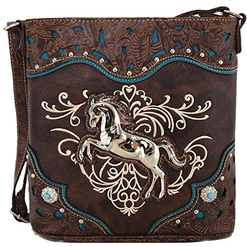 Handtasche im Western-Stil, mit Pferd, bestickt, Blumenmuster, Strasssteine, Umhängetasche, Handtasche, Cowgirl, Country, Damen, einzelne Schultertasche