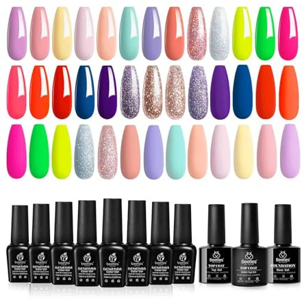 Beetles Gel Nail Polishes-Summer Collection 20 Pcs Pastel Pink Yellow Blue Gel Polish Soak off Base Top Gel Neon Red Glitter Purple Gel Nail Kit Nail Gifts for Girls