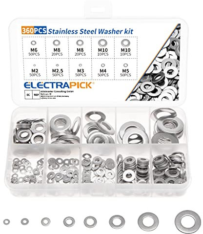 ELECTRAPICK 360Pcs Stainless Steel Flat Washers Assortment Washers Hardware Set, 8 Sizes M2 M2.5 M3 M4 M5 M6 M8 M10, Durable and Rustproof for Home Decoration Factories Repair Construction