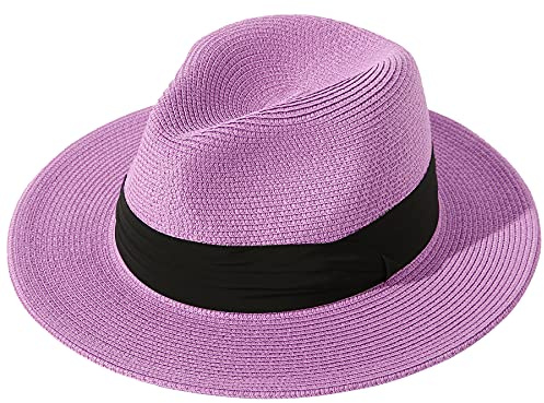 Lanzom Kvinnor brett brätte halm panama rullhatt Fedora strand solhatt UPF50+, Lila, one size