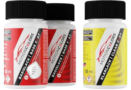 MOTIONCOLORS Rojo Velvet Metallic/Velvet Rot Metallic F3P / K1 für Seat Autolack Lackstift Set Grundlack Basislack Klarlack je 50ml