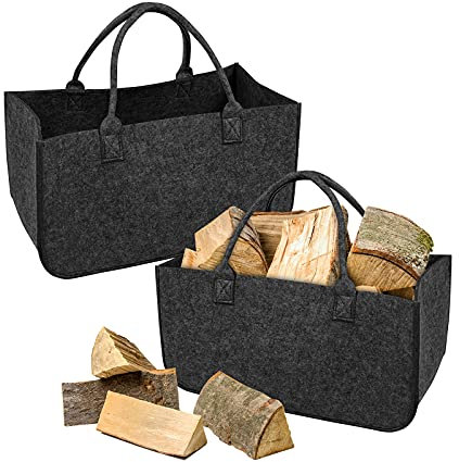 YRHome Lot de 2 sacs en feutre pour bois de cheminée - Pliable - Jusqu'à 30 kg - 50 x 25 x 25 cm - Gris foncé