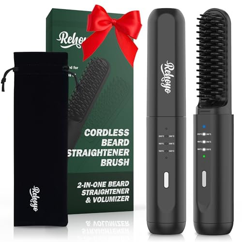 REHOYO Beard Straightener for Men, Cordless Heated Hair & Beard Brush with Anti-Scald & Ionic Technology, 3 Temperature Setting Beard Straightener Comb, Portable Straightening Brush for Home Travel