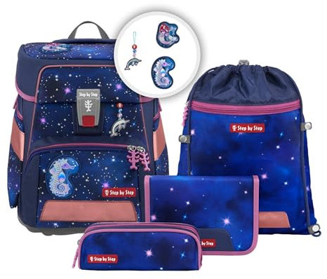 Step by Step Schulranzen-Set Space Reflect „Star Seahorse Zoe“ 5-teilig, ergonomischer Tornister, Reflektoren, höhenverstellbar, Hüftgurt, Grundschule, 1. Klasse, 20L, lila-schwarz, Seepferd-Design