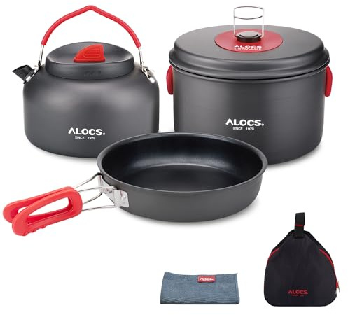 Alocs Camping-Kochgeschirr, tragbares Camping-Töpfe und Pfannen-Set mit Camping-Wasserkocher, leichtes Camping-Kochset für Outdoor-Rucksackreisen, Camping, Picknick, inklusive Netz-Tragetasche