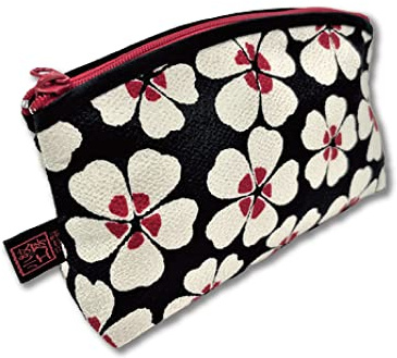 Small Makeup Bag for Purse [ Made in Japan] Traditional Edo Komon Design Cute Cosmetic Pouch (Cherry Blossom (Black))