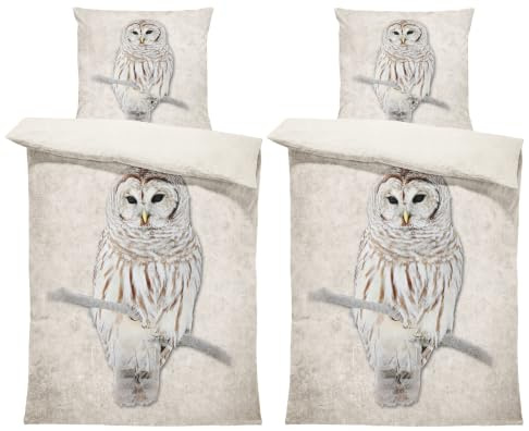 one-home Winter Bettwäsche Thermo Fleece Kuschelig Warme Bettbezüge Flauschig Warm Weich, Größe:4 teilig 135x200 cm, Farbe:Eule beige Natur
