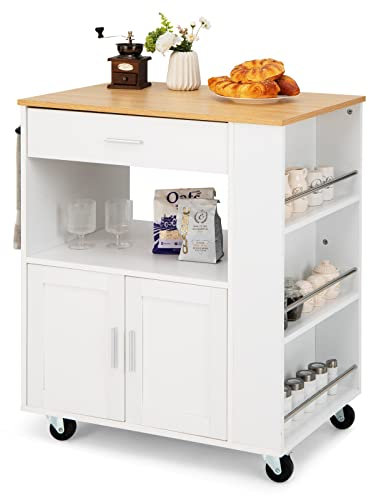 GOPLUS Küchenwagen, Servierwagen mit Schublade, Zweitüriger Schrank, Dreistufiges Gewürzregal, Wasserfest, Räder mit Bremsen, Rollwagen Küchenregal für Küchen Hotel Restaurant (Weiß)
