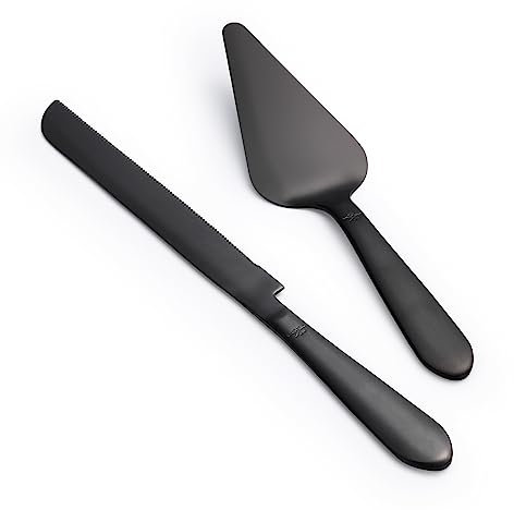 Set di 2 coltelli e paletta per torte con bordi arrotondati in acciaio inox ispessito, taglierina per torte e spatola per torte, regalo di compleanno, anniversario, Natale, set da 2, nero opaco