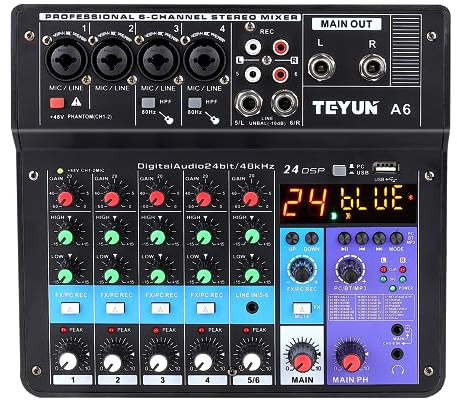 TEYUN Consola mezcladora portátil profesional de 6 canales con alimentación Phantom de 48 V para grabación de transmisión en vivo, entrada de computadora, estudio en casa (serie A6)