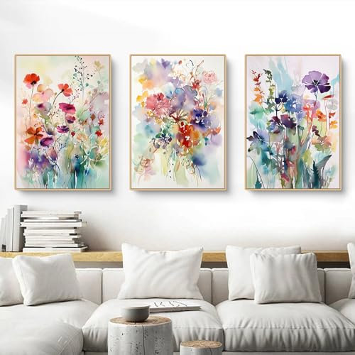 Herfair Bilder Wohnzimmer 3er Set, Bunt Blumen Poster Schlafzimmer Wandbilder, Stilvolle Aesthetic Deko Leinwand Bilder, Ohne Rahmen Wanddeko Poster (30 x 40 cm)