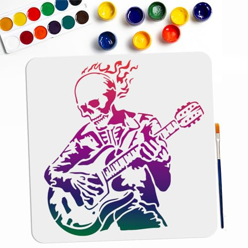 MAYJOYDIY Totenkopf Zum Gitarrespielen Schablone 30 נ30 cm Groß Totenkopf Musik Rock Schablone Wiederverwendbar Skelett E Gitarren Vorlage Mit Pinsel Für Kunst Handwerk Leinwand Möbel Wände Holz