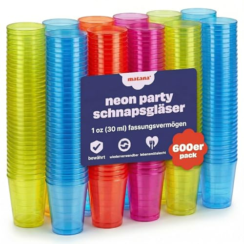 MATANA 600 Schnapsgläser Kunststoff Neon (30ml/28.3g) - Wiederverwendbar - UV-Reaktiv - Jelly Shots Probierbecher für Partys, Geburtstage, Hochzeiten, Junggesellenabschiede