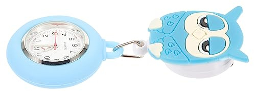 LIFKOME Taschenuhr Blau Silikon Zinklegierung Quarzwerk Eulendesign | Schwesternuhr mit Clip, Medizinische Hängeuhr fürs Krankenhaus, Press Button To Open