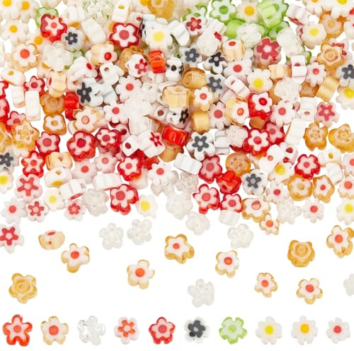 NBEADS 300 Pcs Handmade Millefiori Flower Beads, 10 Colors Mini Daisy Beads Lampwork Glass Bead Flat Flower Loose Spacer Bead for DIY Necklace Bracelet Earring Jewelry Making Crafts